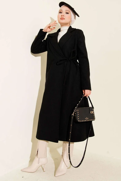 Yan Bağcıklı Kaşe Kaban Siyah - 2