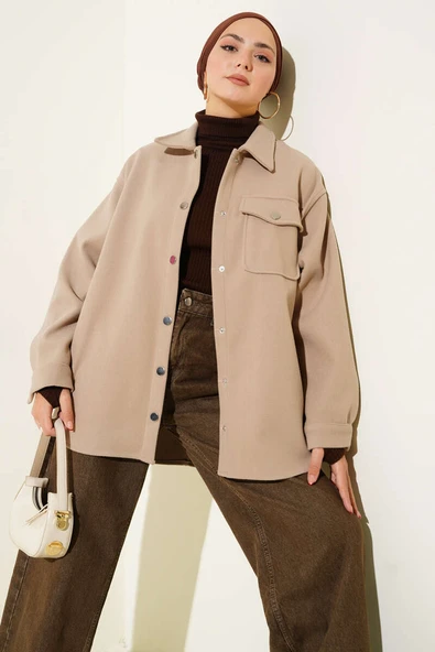 Çıtçıt Düğmeli Gömlek Yaka Kaşe Ceket Bej