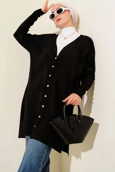 Zigzag Desenli Düğmeli Merserize Hırka Siyah ürün görseli 1