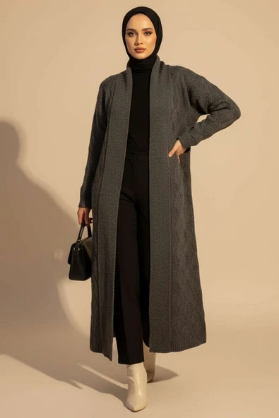 Şal Yaka Örgü Desenli Uzun Triko Hırka Füme ürün görseli 1