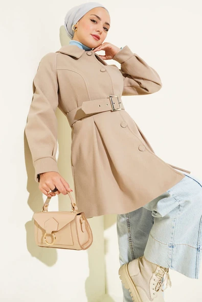 Kemerli Kısa Kaşe Kaban Bej