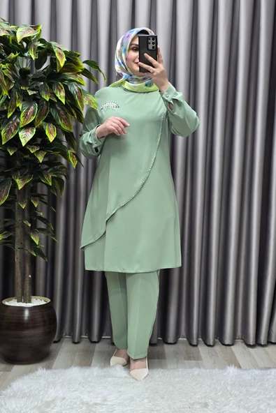 Kadın Tesettür Giyim Büyük Beden Çağla Krep İkili Takım - Resim 6
