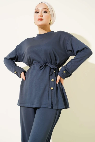 Önden Düğme Detaylı İp Bağcıklı İkili Takım Füme - Resim 2