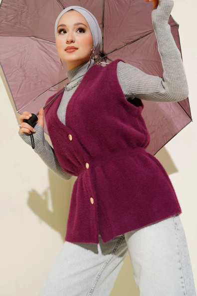 Bel Lastikli Sakallı Triko Yelek Mürdüm ürün görseli 1