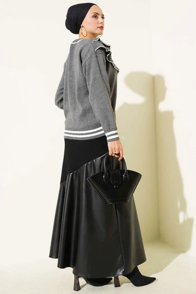 Önü Fırfırlı Triko Kazak Gri - Resim 3