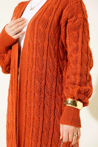 Saç Örgü Uzun Triko Hırka Kiremit - 4