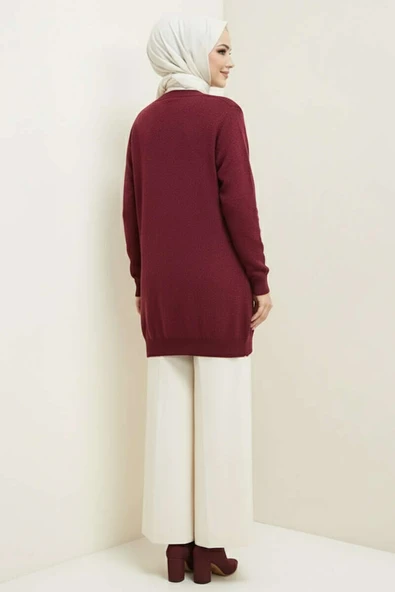 Basic Düğme Detaylı Triko Hırka Bordo - Resim 3