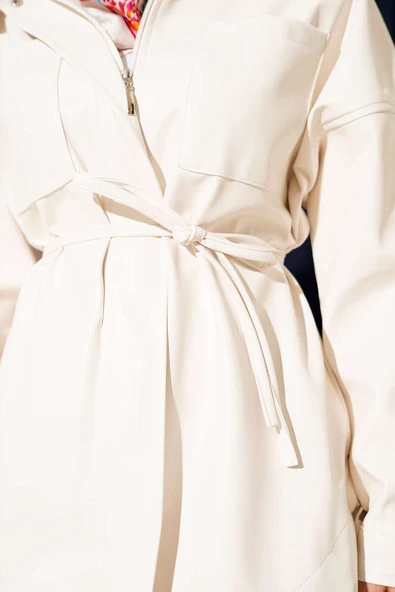 Gömlek Yaka İp Kuşaklı Deri Ceket Ekru - 4