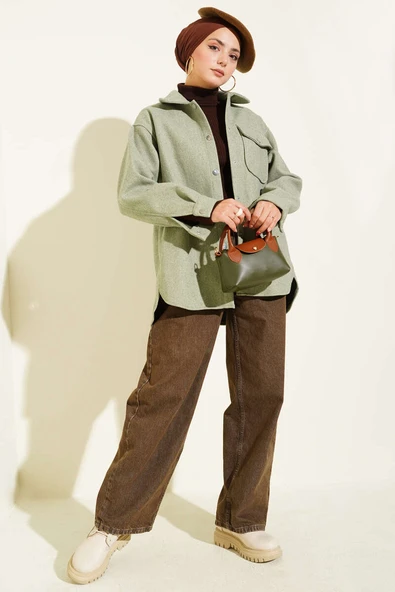 Çıtçıt Düğmeli Gömlek Yaka Kaşe Ceket Su Yeşili - 2