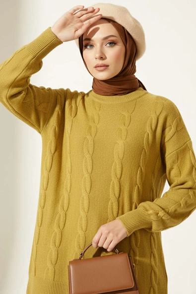 Örgü Kabartmalı Yumoş Triko Tunik Yağ Yeşili ürün görseli 1