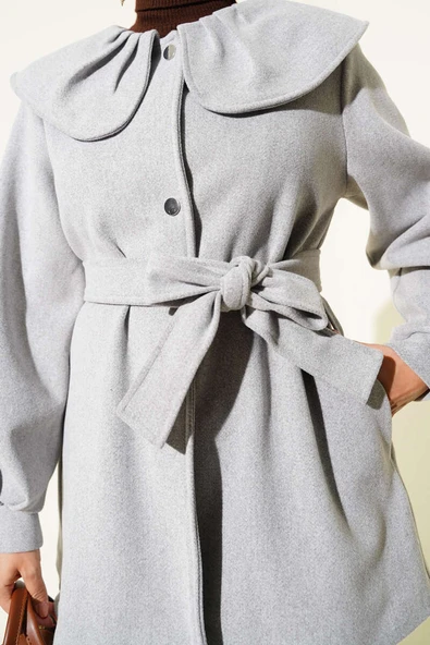 Bebe Yaka Detaylı Kaşe Kaban Gri - Resim 4