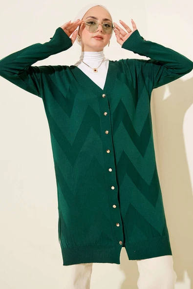 Zigzag Desenli Düğmeli Merserize Hırka Zümrüt ürün görseli 1