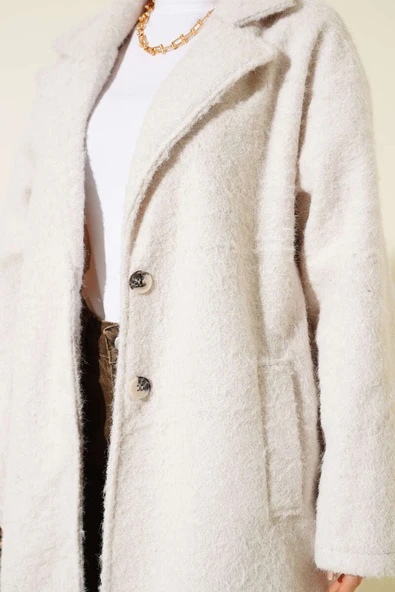 Kruvaze Yaka Düğme Detaylı Kaşe Kaban Taş - Resim 4