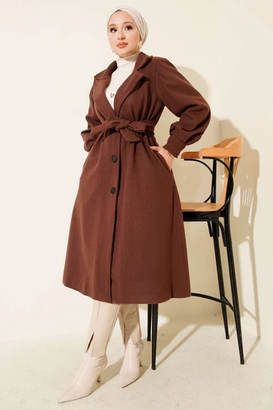 Balon Kollu Uzun Model Kestane Kaşe Kaban