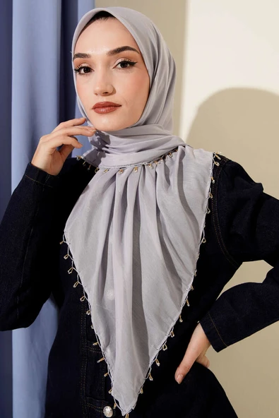 Mini Boncuk Detaylı Eşarp Gri - Resim 2