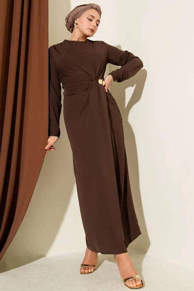 Gold Aksesuarlı Abiye Elbise Kahve ürün görseli 1