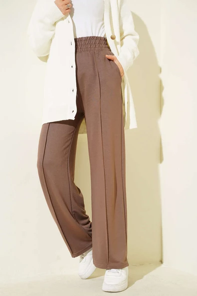 Geniş Bel Lastikli Çımalı Pantolon Vizon - Resim 2