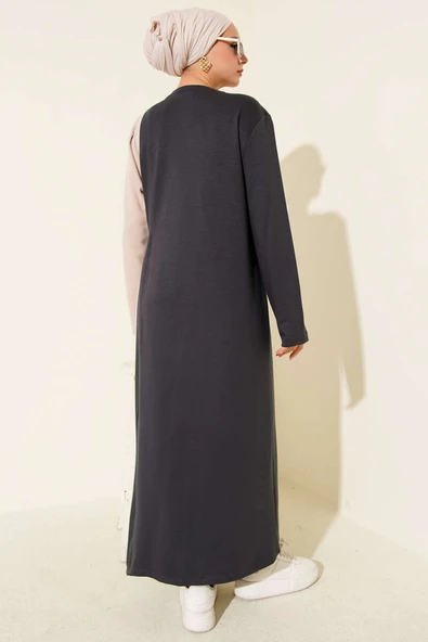 Düğmeli Yandan Bağlamalı Bisiklet Yaka Elbise Füme - Resim 3