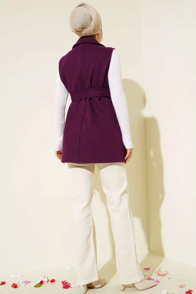 Sıfır Kol Kuşaklı Kaşe Yelek Mor - 3