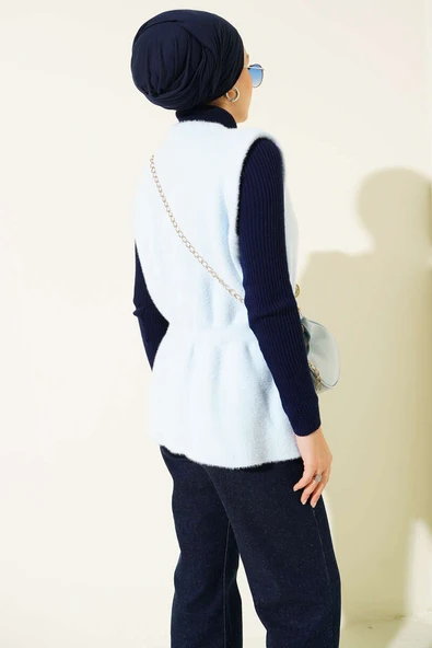 Bel Lastikli Sakallı Triko Yelek Bebe Mavi - Resim 3