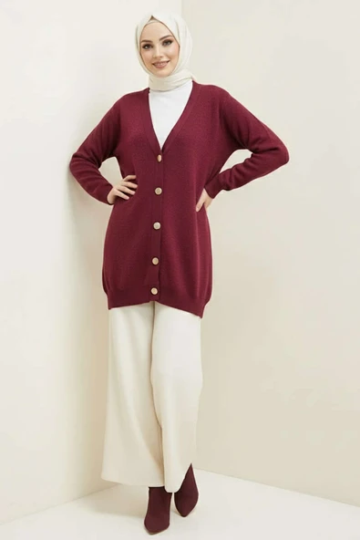 Basic Düğme Detaylı Triko Hırka Bordo - Resim 2