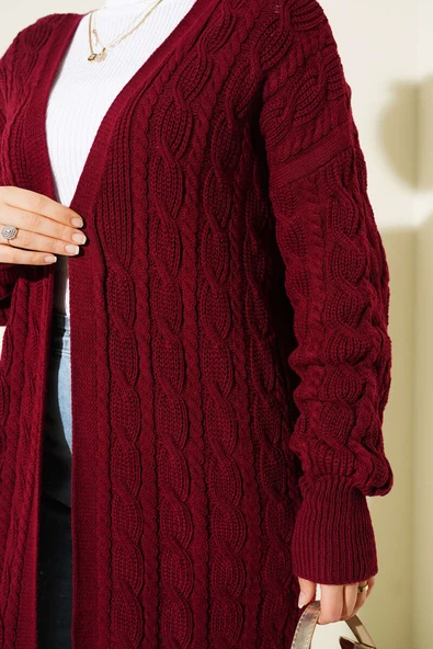 Saç Örgü Uzun Triko Hırka Bordo - Resim 4