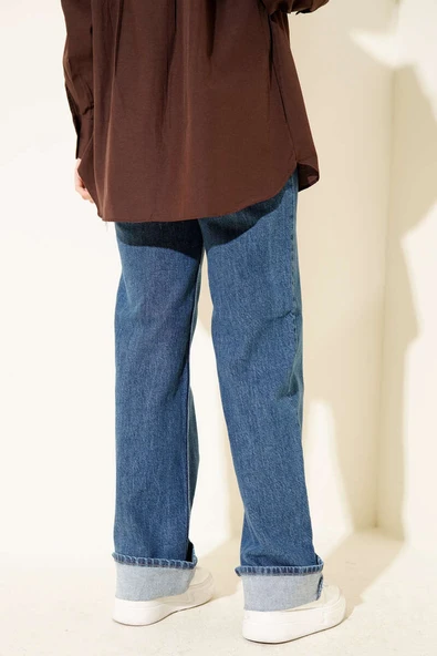 Ön Dikişli Palazzo Kot Pantolon Mavi - Resim 3