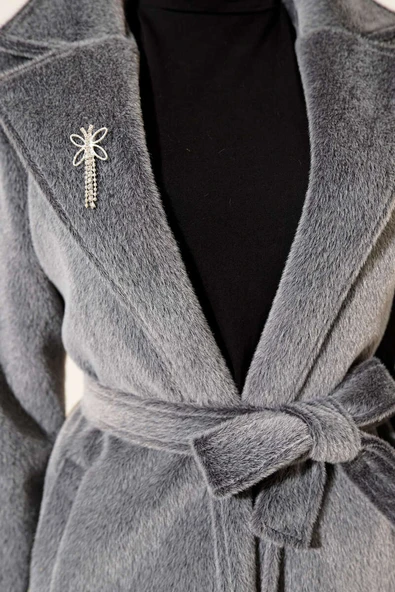 Kuşaklı Bronş Detaylı Kaşe Kaban Füme - Resim 4