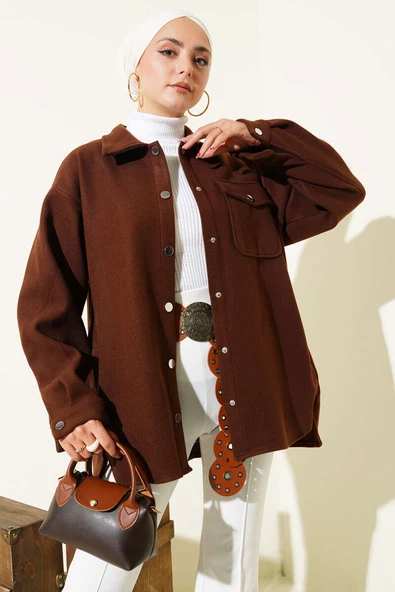 Çıtçıt Düğmeli Gömlek Yaka Kaşe Ceket Kahve - 2