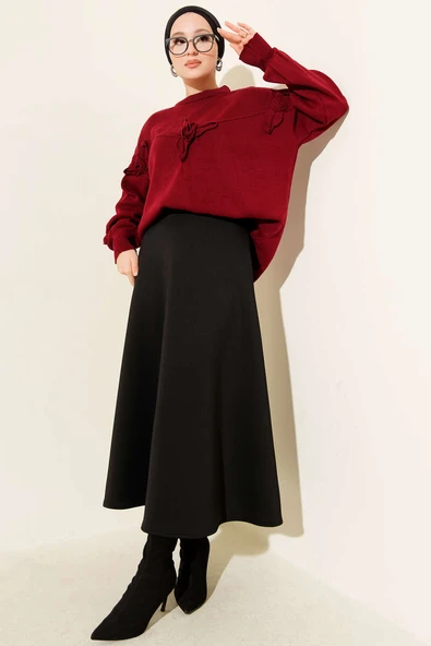 Çiçek İşlemeli Triko Kazak Bordo - Resim 2