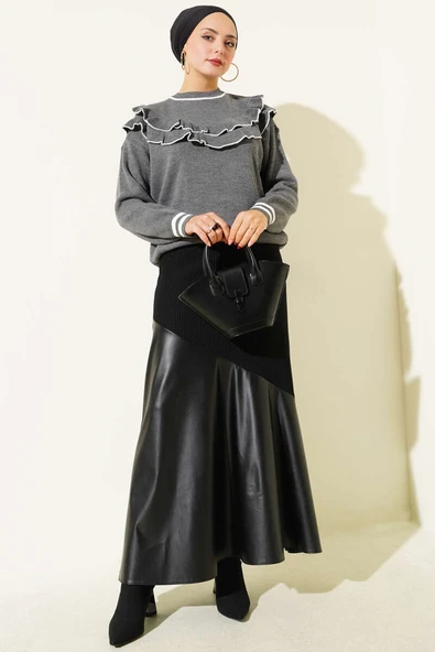 Önü Fırfırlı Triko Kazak Gri - Resim 2