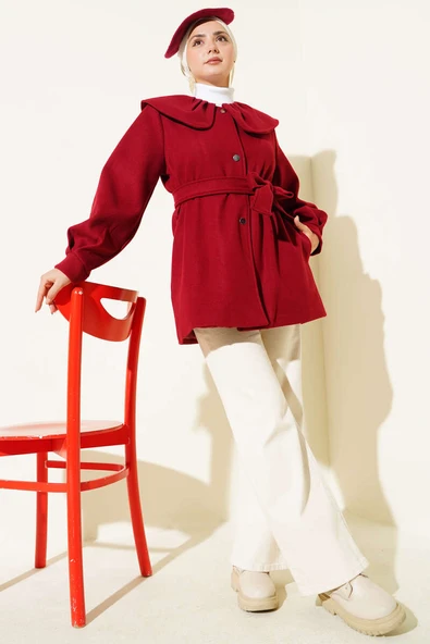 Bebe Yaka Detaylı Kaşe Kaban Bordo - 2