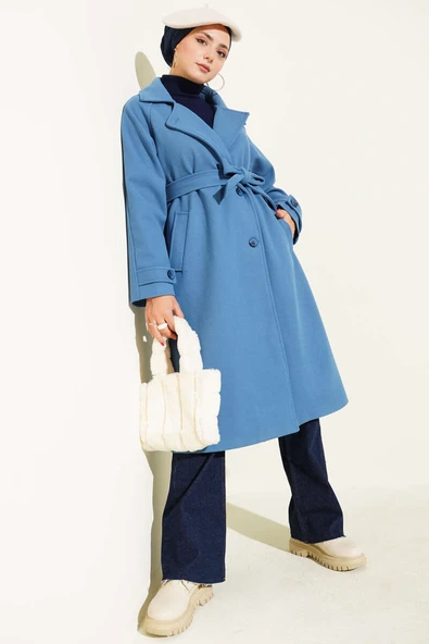 Tahta Düğmeli Kruvaze Yaka Kaşe Kaban Mavi - Resim 2