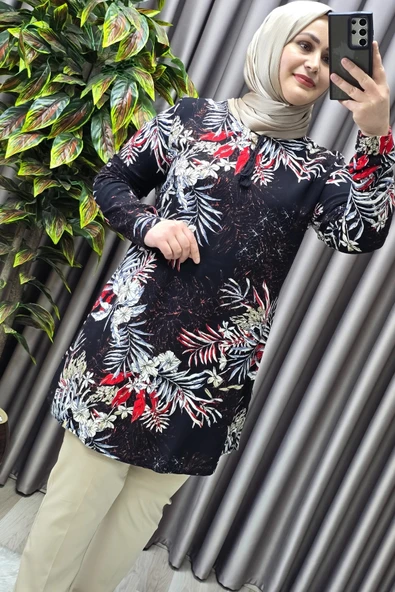 Kadın Tesettür Giyim Büyük Beden Palmiye Desen Tunik - Resim 9