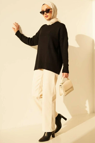 Kare Desenli Triko Kazak Siyah - Resim 2