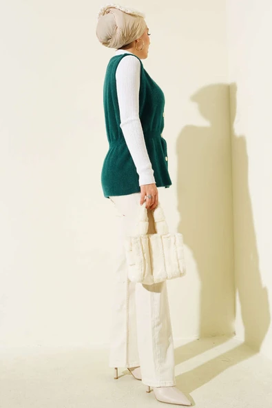 Bel Lastikli Sakallı Triko Yelek Zümrüt - Resim 3