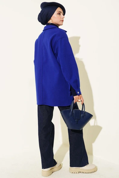 Çıtçıt Düğmeli Gömlek Yaka Kaşe Ceket Saks - 3