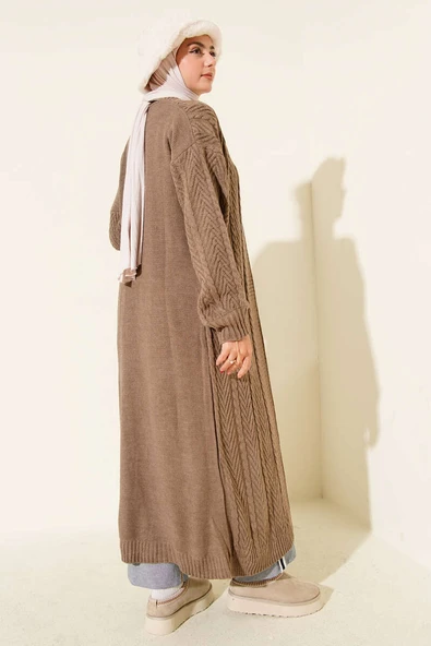 Örgü Büzgülü Uzun Triko Hırka Vizon - Resim 3