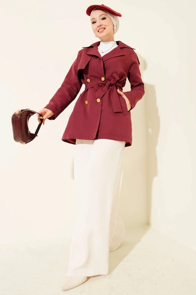 Tek Omuz Apoletli Düğmeli Trençkot Bordo - Resim 2