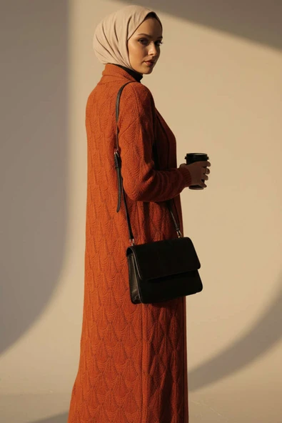 Şal Yaka Örgü Desenli Uzun Triko Hırka Kiremit - Resim 3