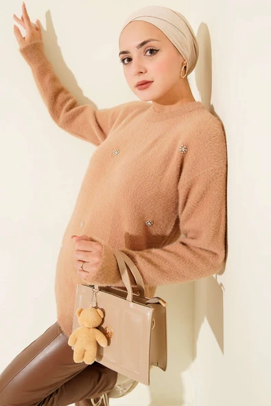 Serpme Taş Detaylı Sakallı Tunik Latte ürün görseli 1