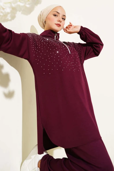 Loyşa Omuz Taşlı Fermuarlı İkili Takım Mürdüm ürün görseli 1