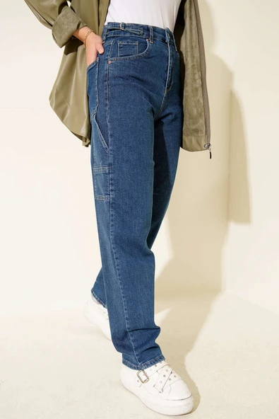 Yan Kemer Tokalı Mom Kot Pantolon Mavi ürün görseli 1