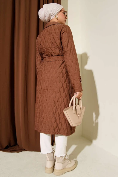 Kuşaklı Kapitone Kap Kahve - Resim 3