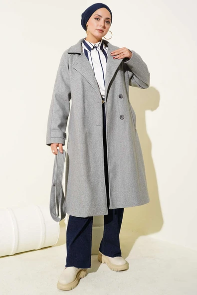 Tahta Düğmeli Kruvaze Yaka Kaşe Kaban Gri - 2