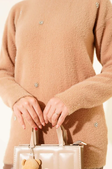 Serpme Taş Detaylı Sakallı Tunik Latte - Resim 4