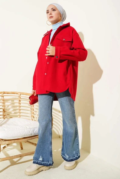 Çıtçıt Düğmeli Gömlek Yaka Kaşe Ceket Kırmızı - 2