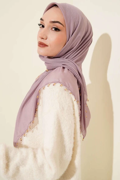 Mini Boncuk Detaylı Eşarp Lila - Resim 2