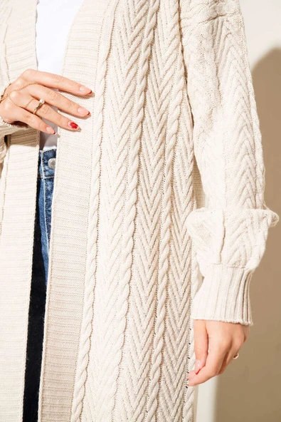 Örgü Büzgülü Uzun Triko Hırka Taş - Resim 4