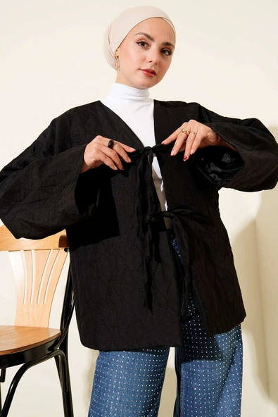 Kapitone Bağlamalı Kimono Siyah - Resim 2